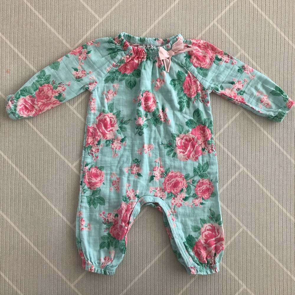 Mud Pie Floral Mint & Pink Long-Sleeve Baby Romper Girl’s Size 3-6M